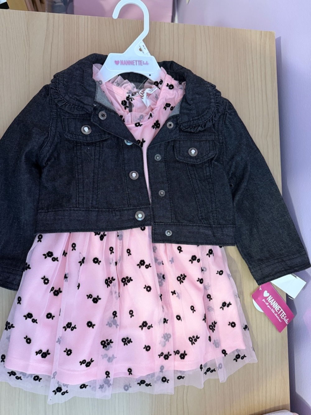 Nannette Black Denim Jacket with Pink Floral Tulle Dress